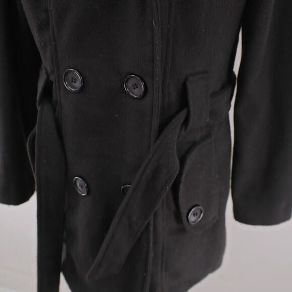 Metaphor Medium Black Double Breasted Belted‎ Hooded Polyester Blend Overcoat - Picture 2 of 11